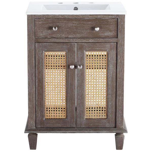 Compact 24-inch vanity in weathered gray with cane-front doors and crisp white integrated sink. || EEI-5110-GRY-WHI || front_studio