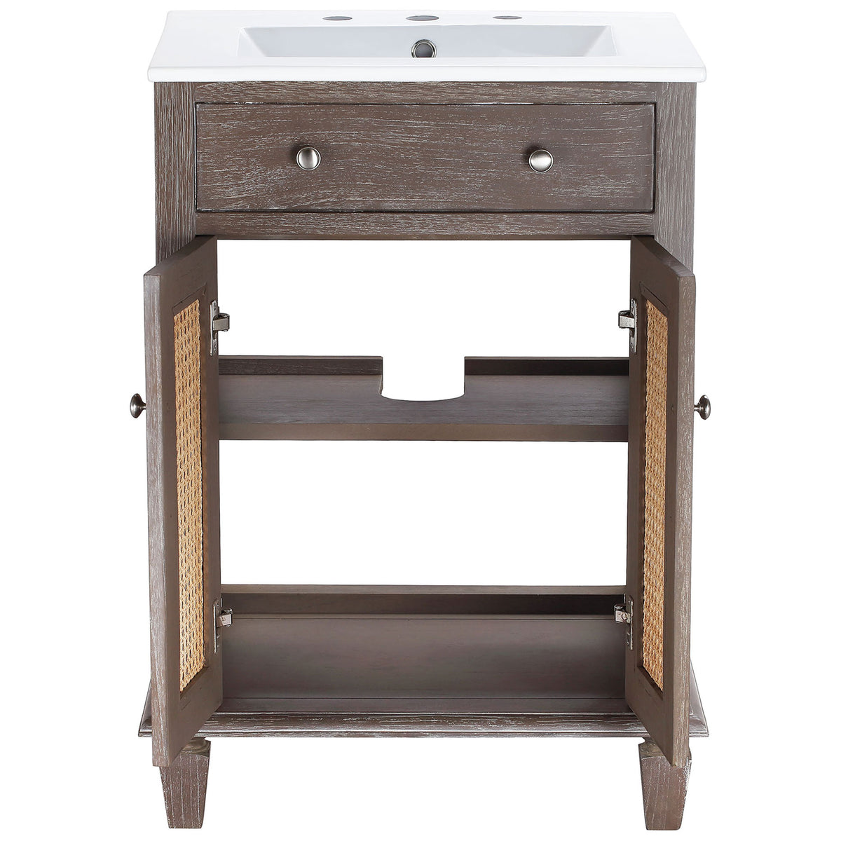 Roomy storage with interior shelf behind cane doors beneath the integrated sink. || EEI-5110-GRY-WHI || front_open_studio