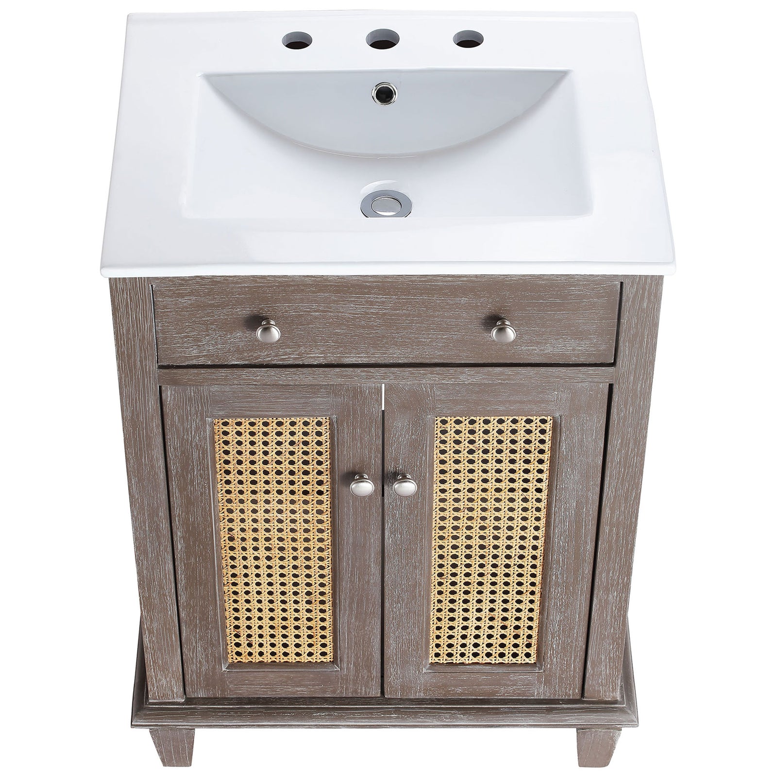 Integrated ceramic sink with 8-inch widespread holes sits flush atop the gray wood vanity. || EEI-5110-GRY-WHI || top_studio