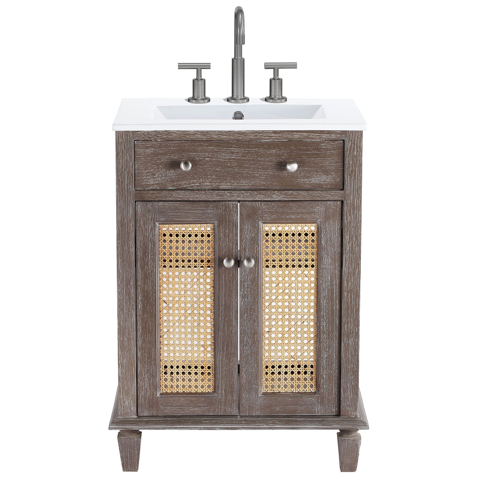 Widespread-compatible ceramic sink crowns the cane-door gray wood vanity. || EEI-5110-GRY-WHI || front_studio