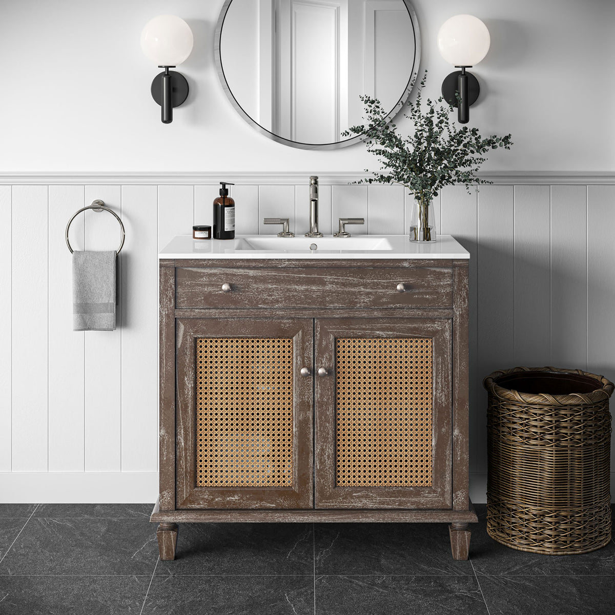 Elevated coastal style blends cane doors and a crisp sink to refresh the bath. || EEI-5111-GRY-WHI || front_room