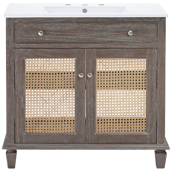 Spacious 36-inch vanity in weathered gray with cane-front doors and a seamless sink top. || EEI-5111-GRY-WHI || front_studio