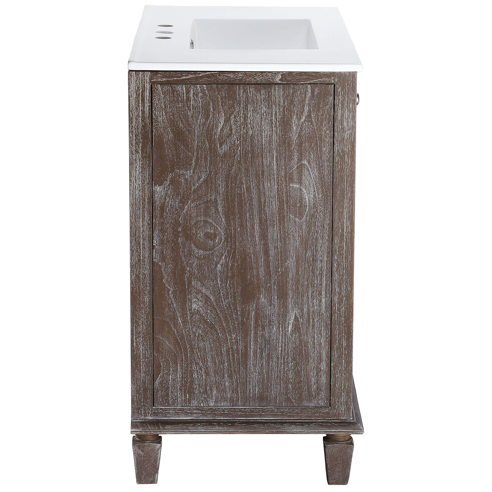 Defined wood grain and framed panels emphasize the sturdy side profile of the 36-inch vanity. || EEI-5111-GRY-WHI || side_studio