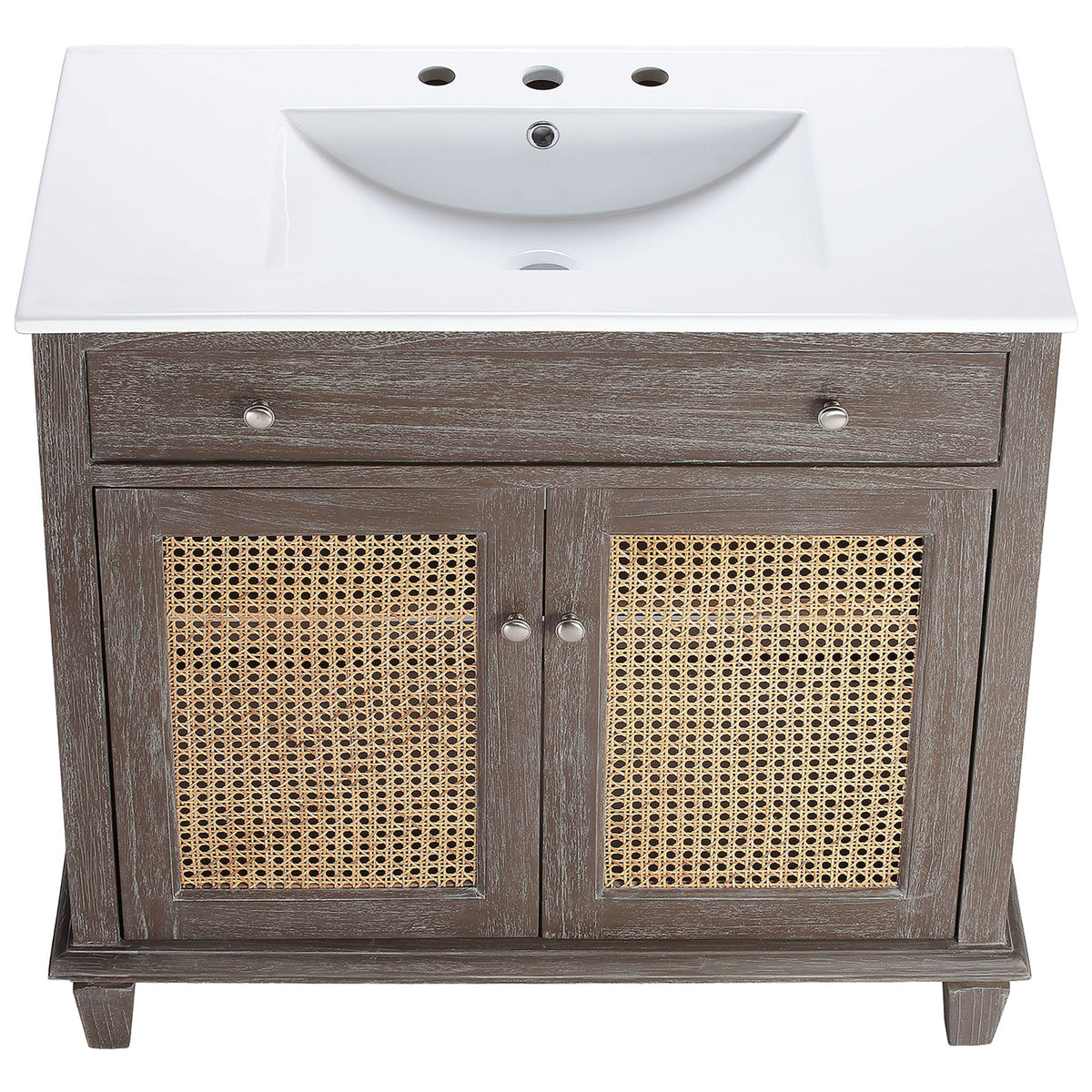 Wide integrated ceramic sink with widespread holes tops the gray wood vanity. || EEI-5111-GRY-WHI || top_studio