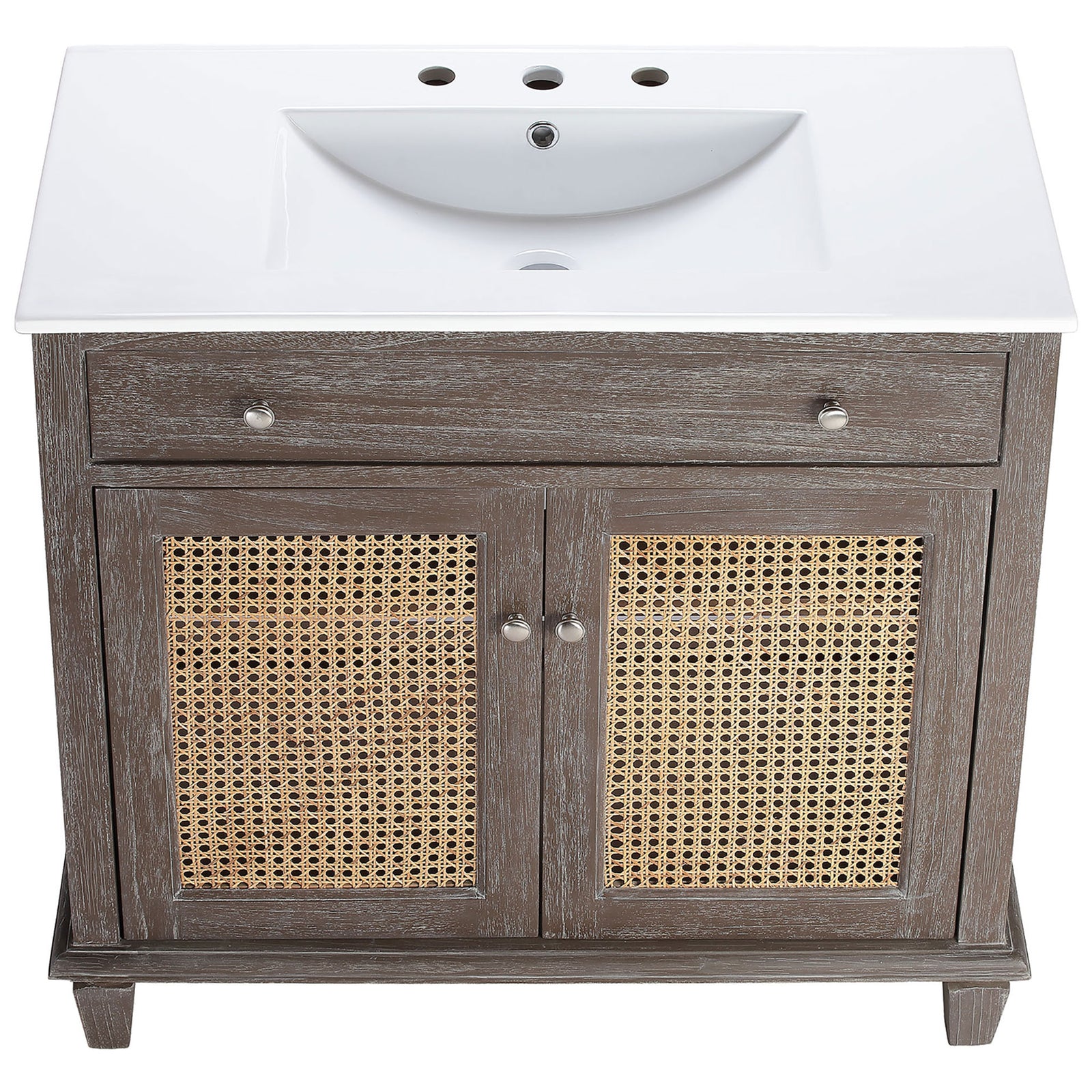Wide integrated ceramic sink with widespread holes tops the gray wood vanity. || EEI-5111-GRY-WHI || top_studio