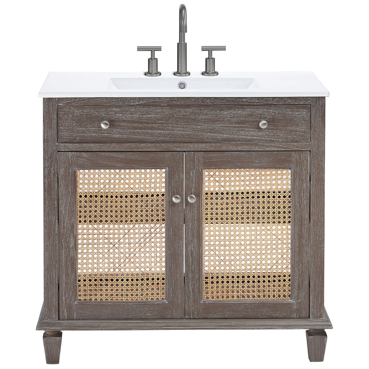 Widespread-compatible sink and airy cane doors define this 36-inch gray wood vanity. || EEI-5111-GRY-WHI || front_studio