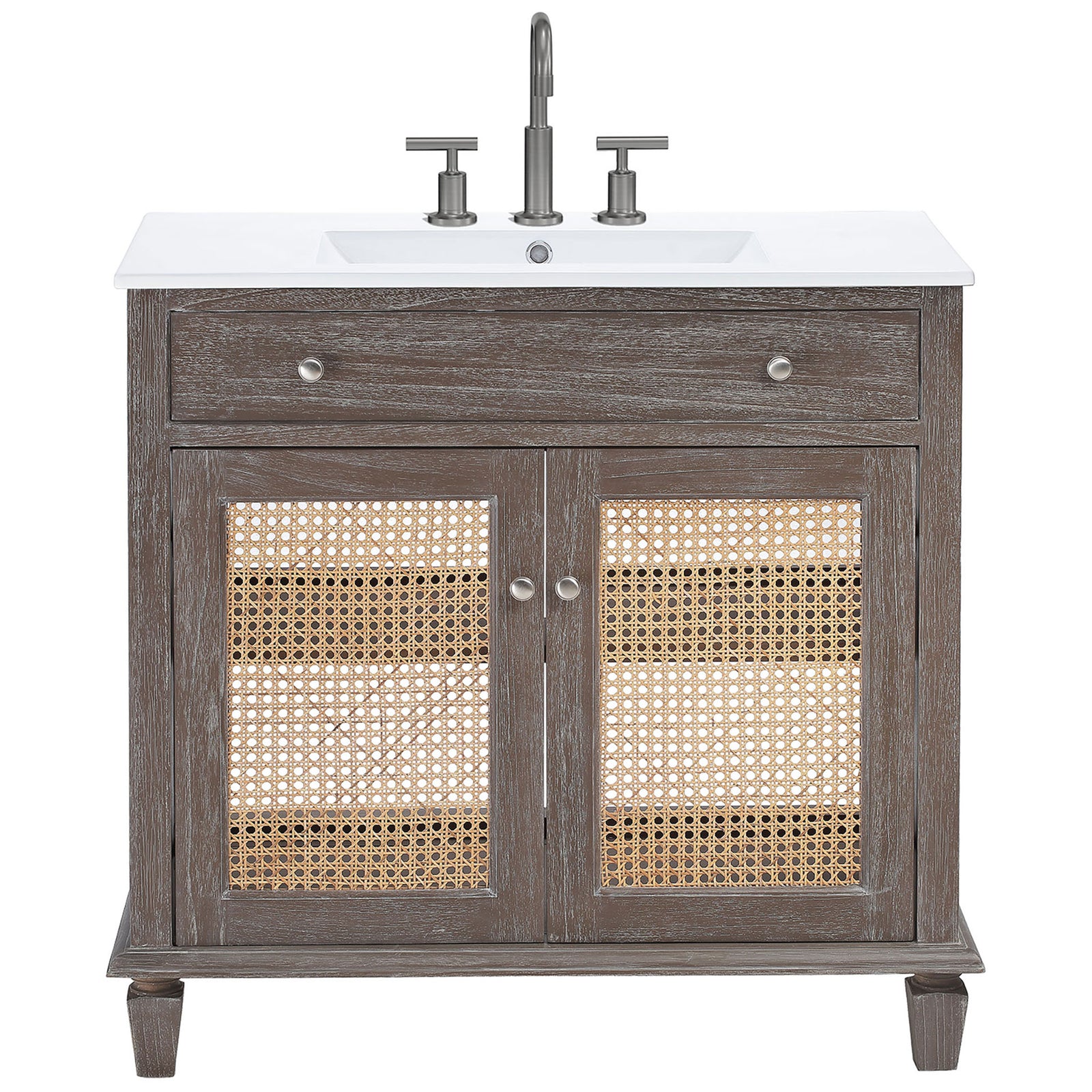Widespread-compatible sink and airy cane doors define this 36-inch gray wood vanity. || EEI-5111-GRY-WHI || front_studio
