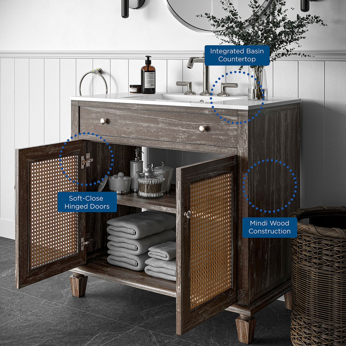 Integrated basin top, mindi wood construction, and soft-close hinges stand out. || EEI-5111-GRY-WHI || callout_room