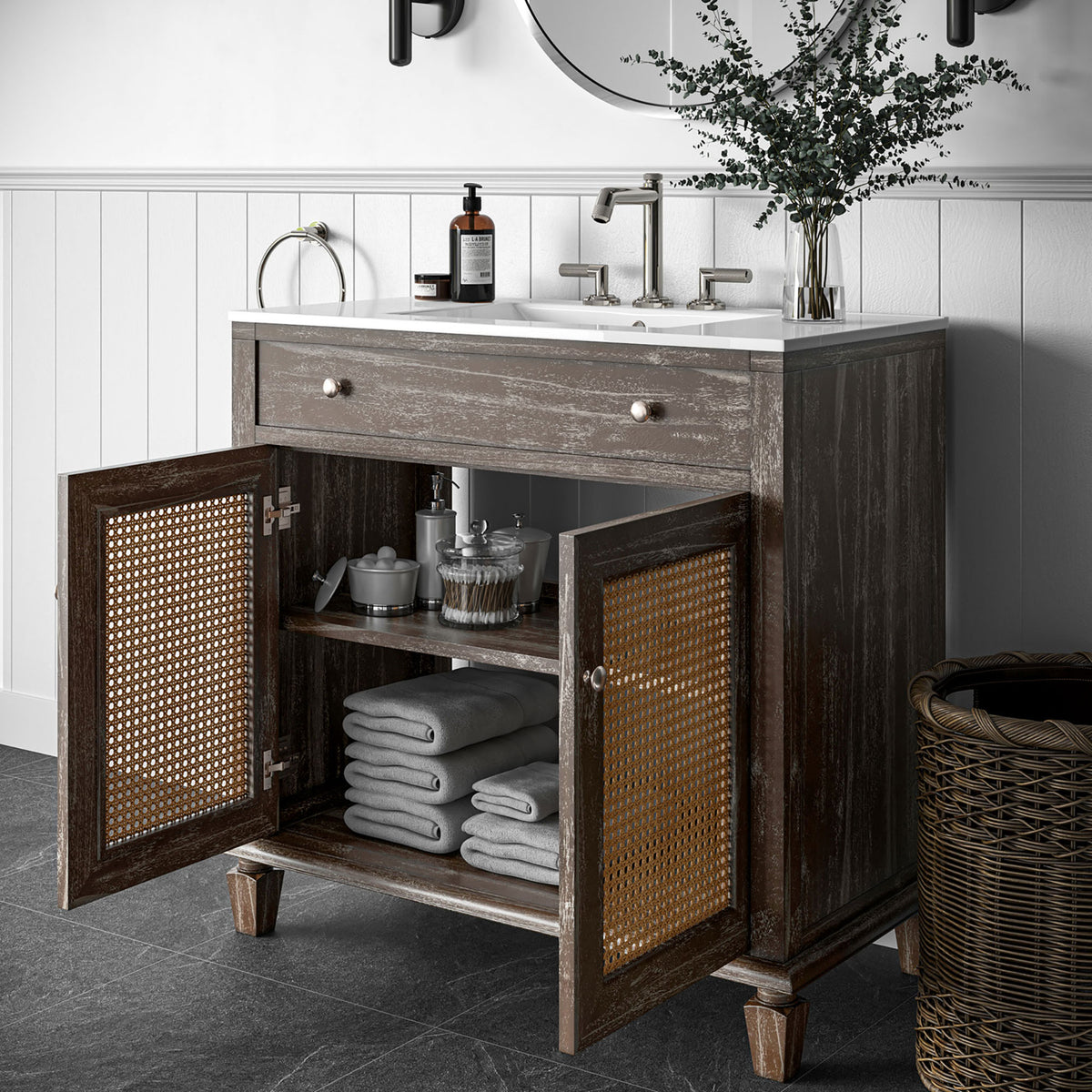 Open doors show easy-access storage and coastal cane accents. || EEI-5111-GRY-WHI || front_angle_open_room
