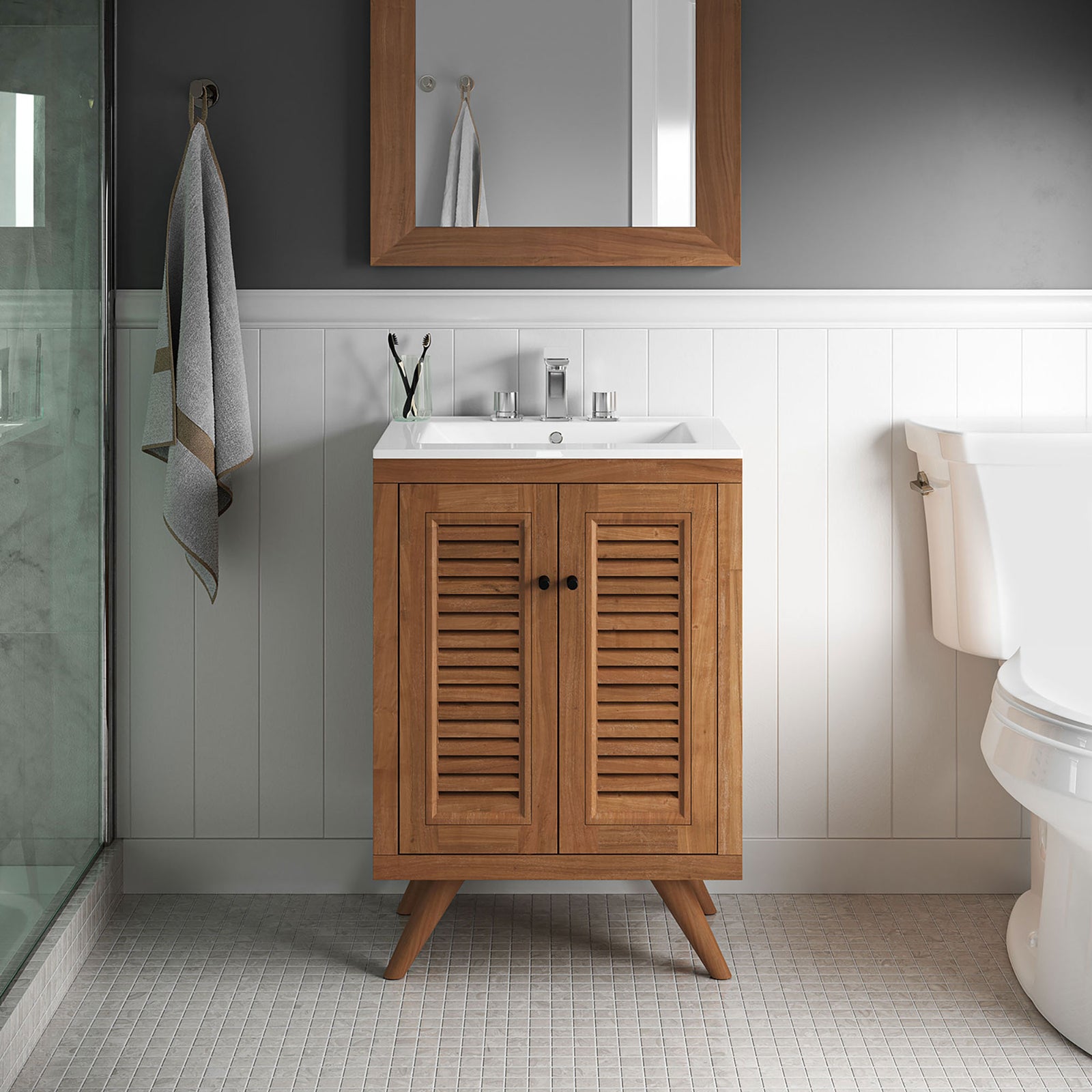 Coastal-inspired vanity anchors the bath with natural teak and a bright white basin || EEI-5112-NAT-WHI || front_room