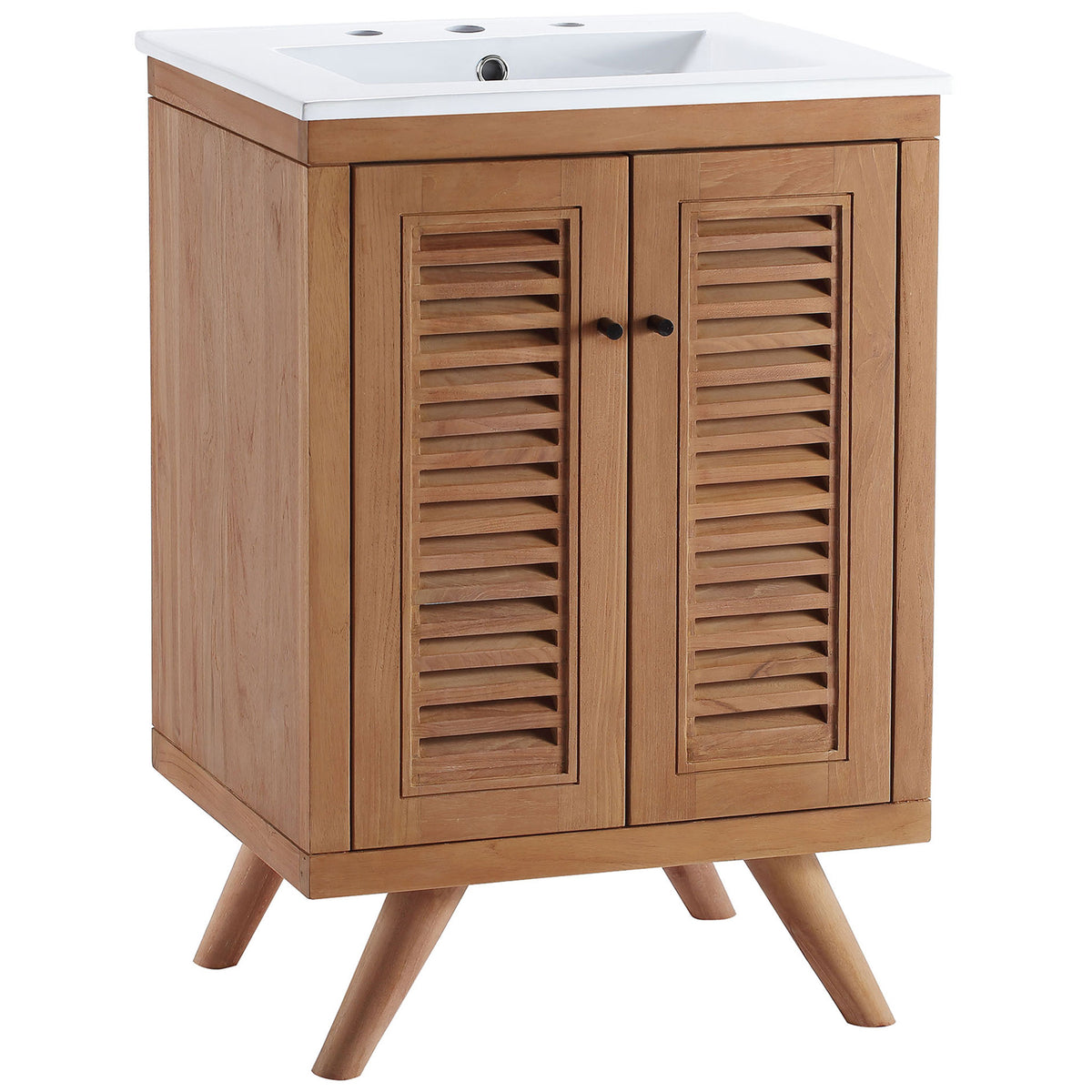 Teak vanity with louvered doors, tapered legs, and a white integrated ceramic basin || EEI-5112-NAT-WHI || front_angle_studio