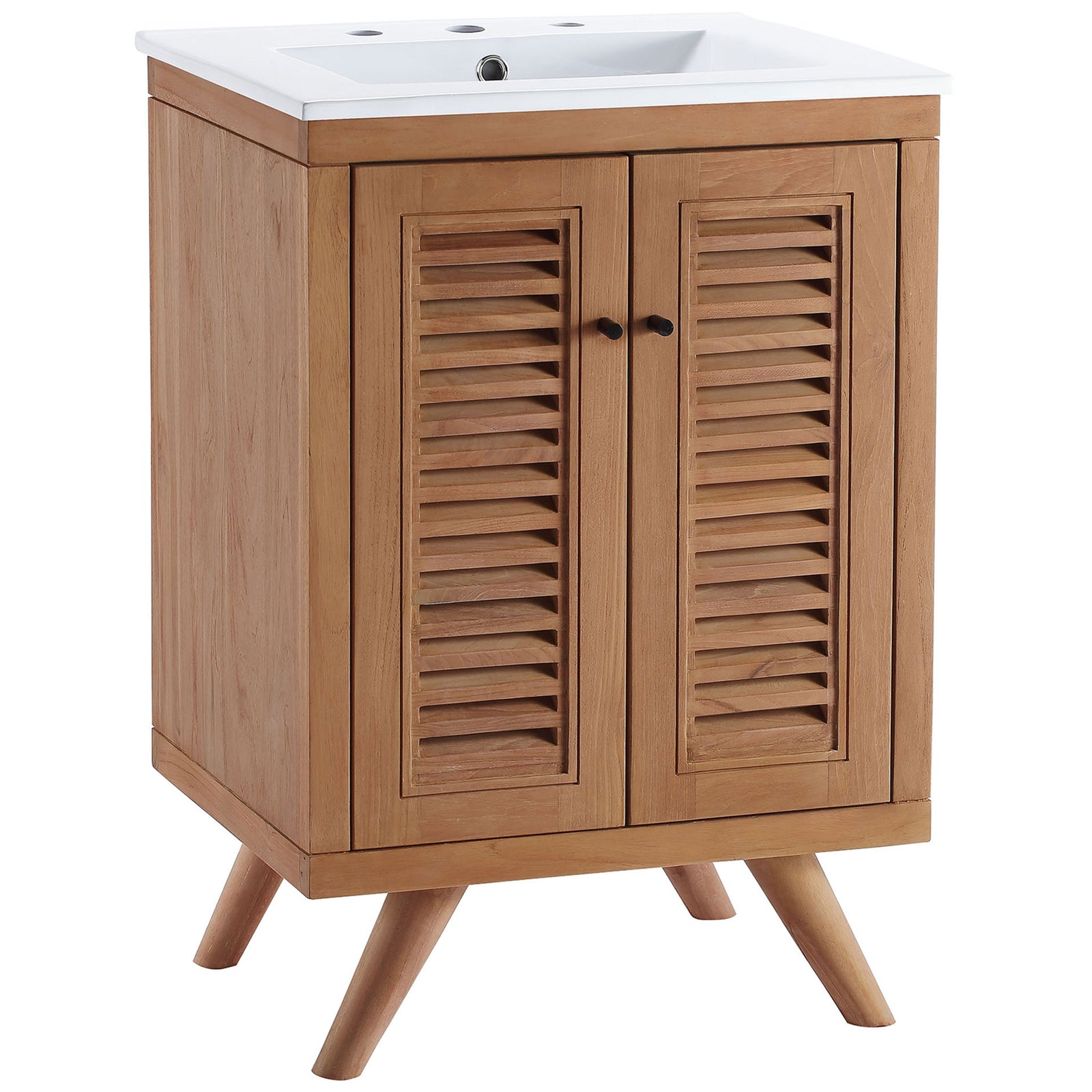 Teak vanity with louvered doors, tapered legs, and a white integrated ceramic basin || EEI-5112-NAT-WHI || front_angle_studio