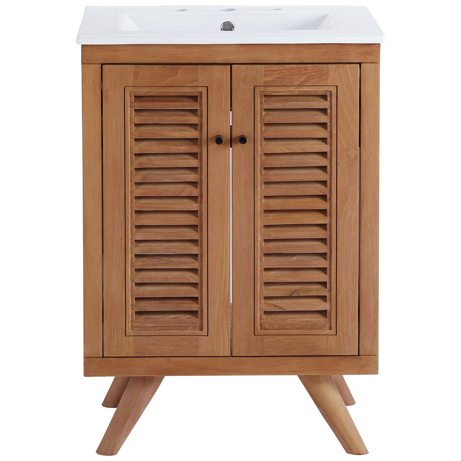 Crisp white basin tops a natural teak cabinet with louvered doors and black hardware || EEI-5112-NAT-WHI || front_studio