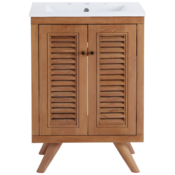 Crisp white basin tops a natural teak cabinet with louvered doors and black hardware || EEI-5112-NAT-WHI || front_studio