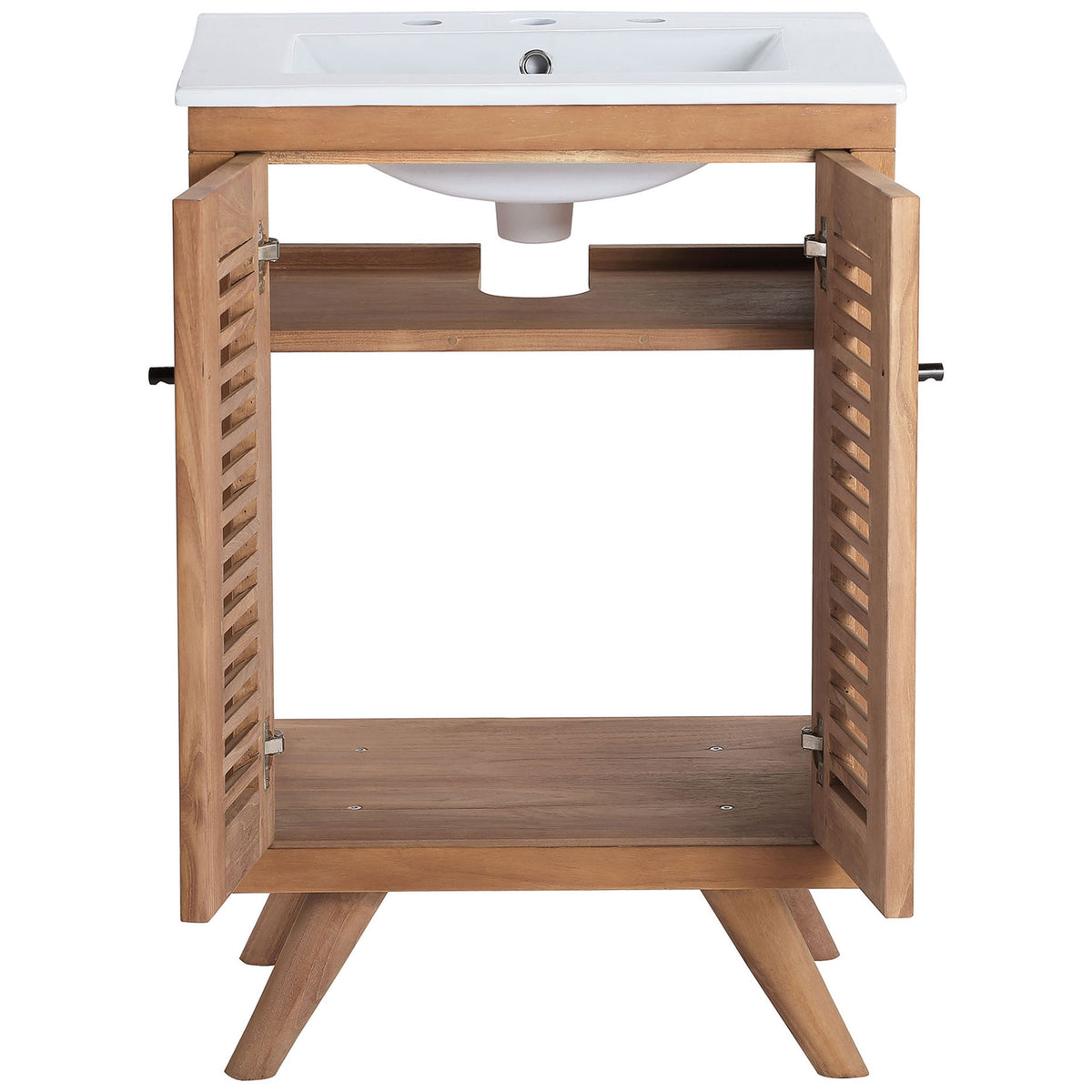 Cabinet doors open to reveal spacious storage with adjustable shelf and plumbing cutout || EEI-5112-NAT-WHI || front_open_studio