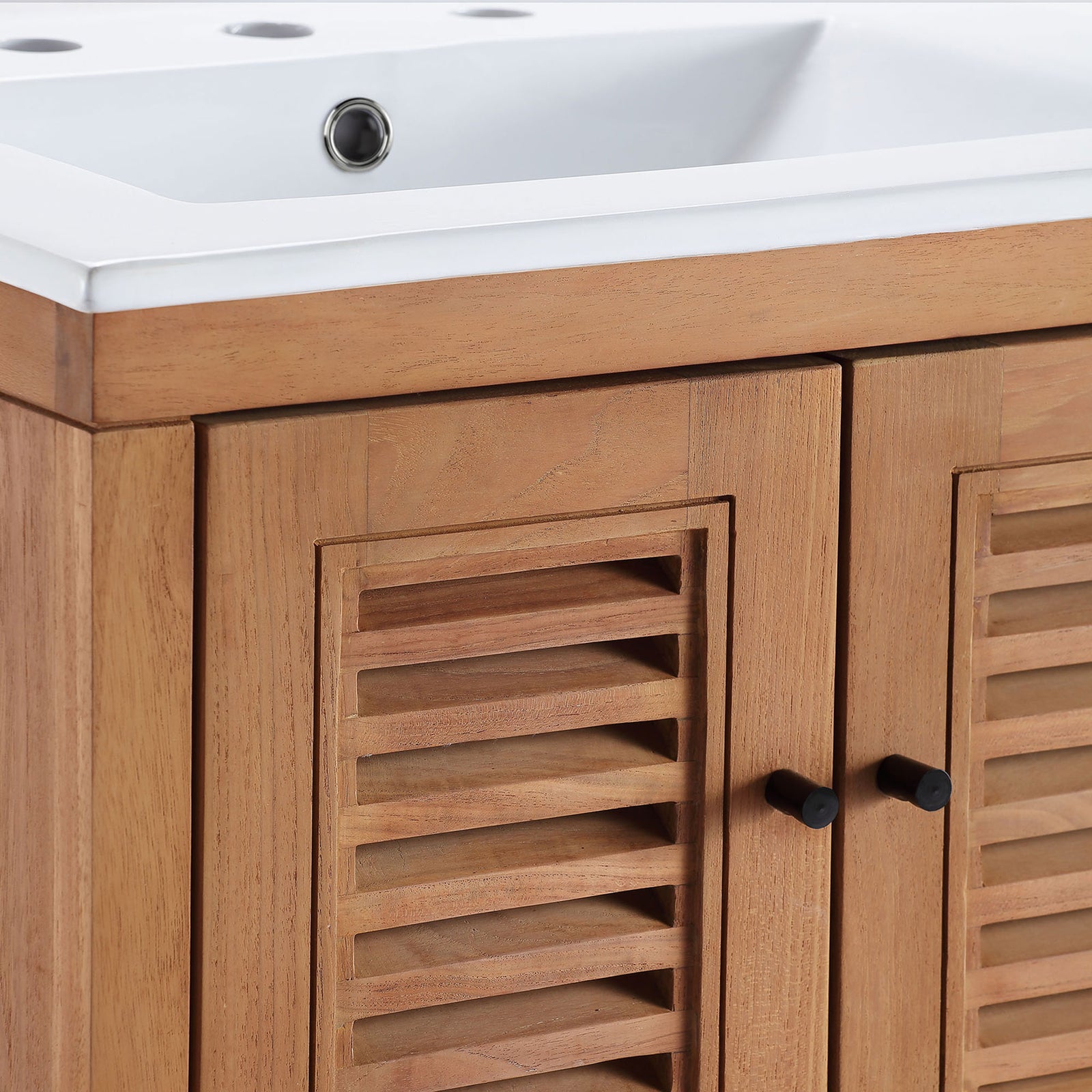 Matte black knobs and refined louvered door detailing in solid teak || EEI-5112-NAT-WHI || handle_studio
