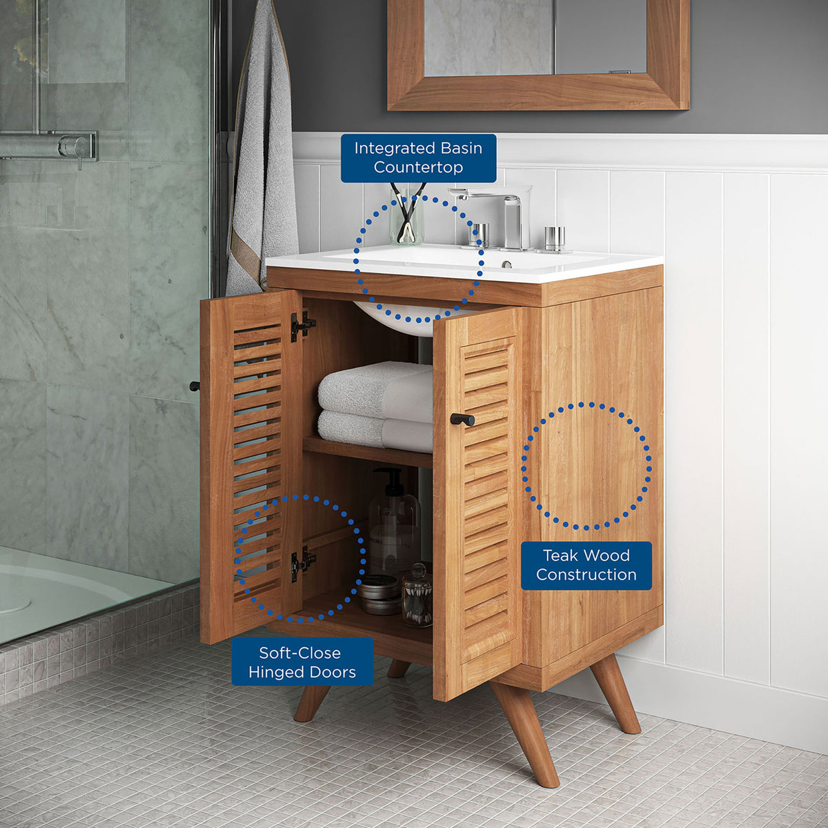 Teak vanity in a modern bath highlighting integrated basin, soft-close doors, and sturdy build || EEI-5112-NAT-WHI || callout_room