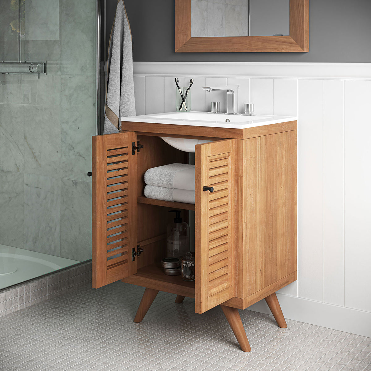 Open cabinet displays towels and essentials, pairing warm teak with a crisp white sink || EEI-5112-NAT-WHI || front_angle_open_room