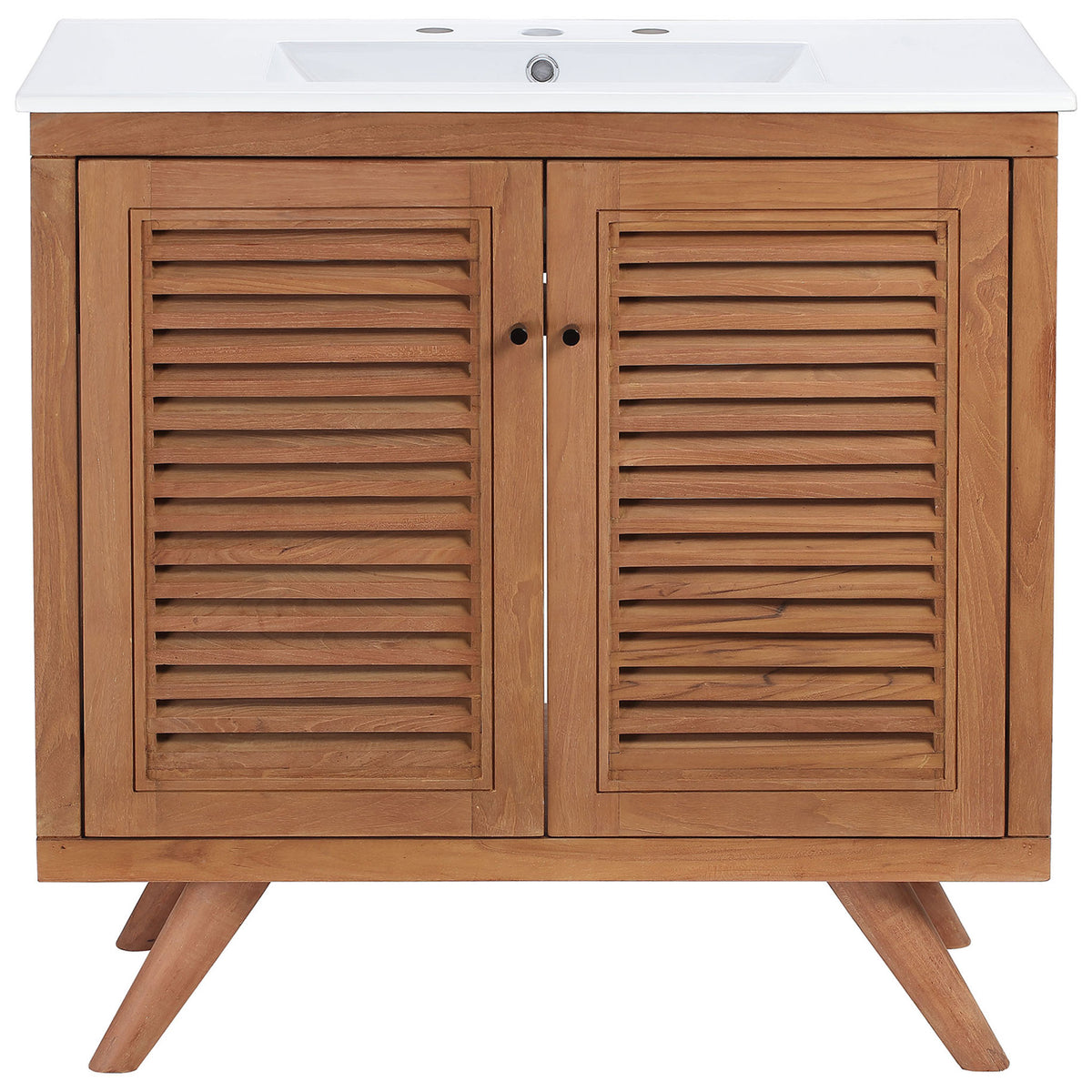 Spacious natural teak cabinet with louvered doors and a bright white basin || EEI-5113-NAT-WHI || front_studio