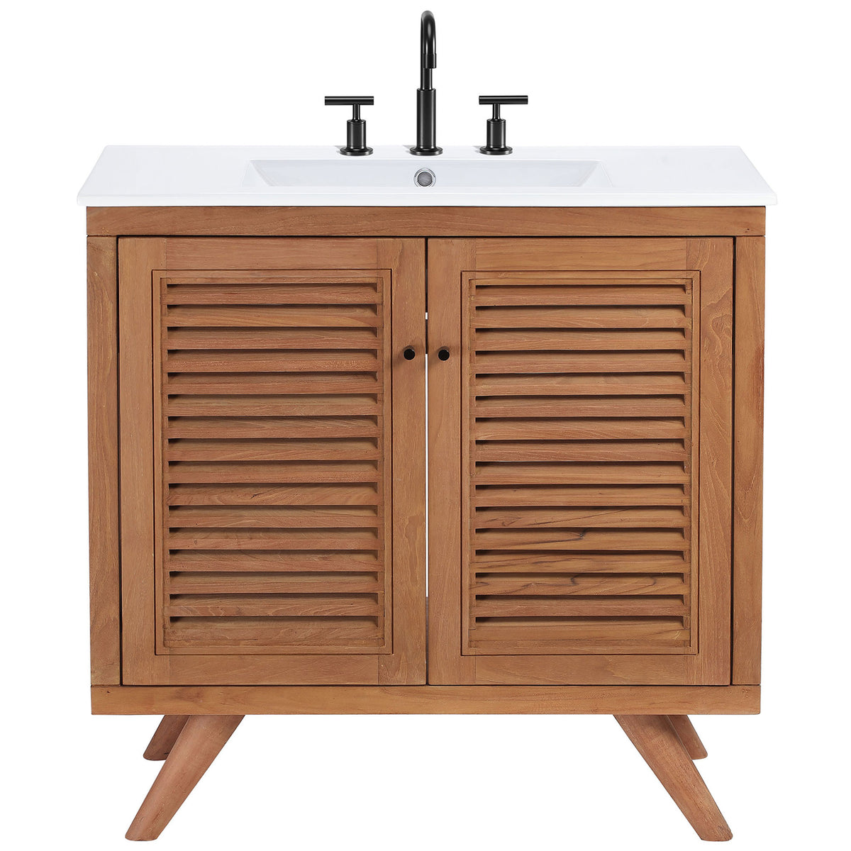 Vanity styled with widespread faucet accents the sink and crisp louvered doors || EEI-5113-NAT-WHI || front_studio