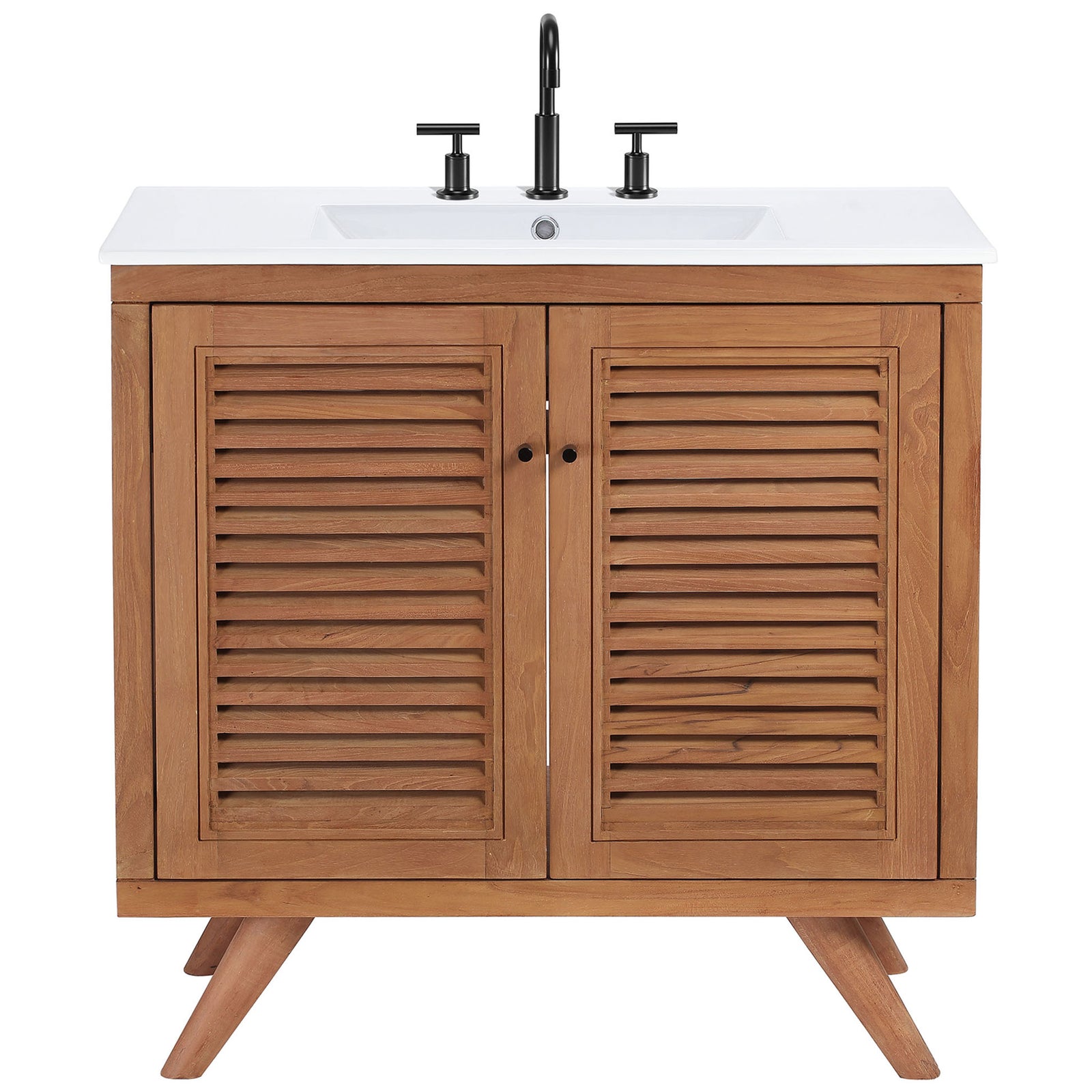 Vanity styled with widespread faucet accents the sink and crisp louvered doors || EEI-5113-NAT-WHI || front_studio