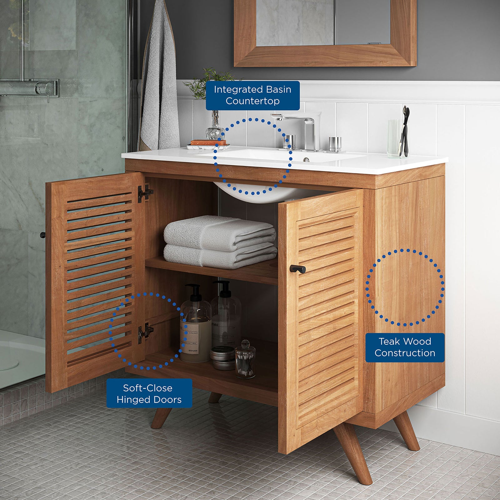 Teak vanity in a bright bath spotlighting integrated basin, soft-close hinges, and durable teak || EEI-5113-NAT-WHI || callout_room