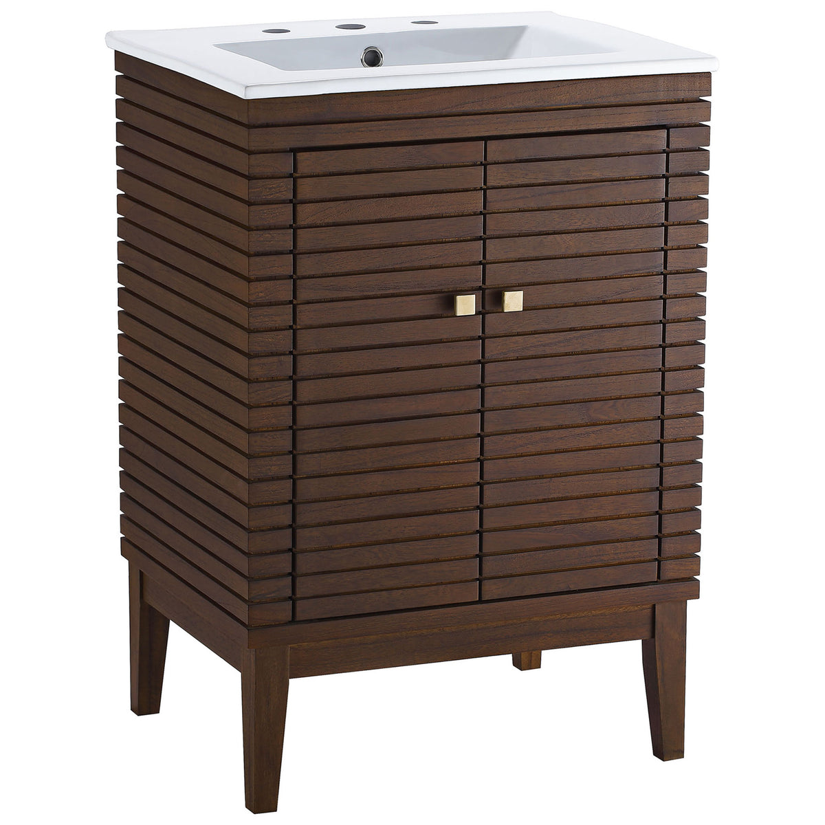 Mid-century profile in warm walnut slats with integrated countertop basin and slim square knobs || EEI-5114-WAL-WHI || front_angle_studio