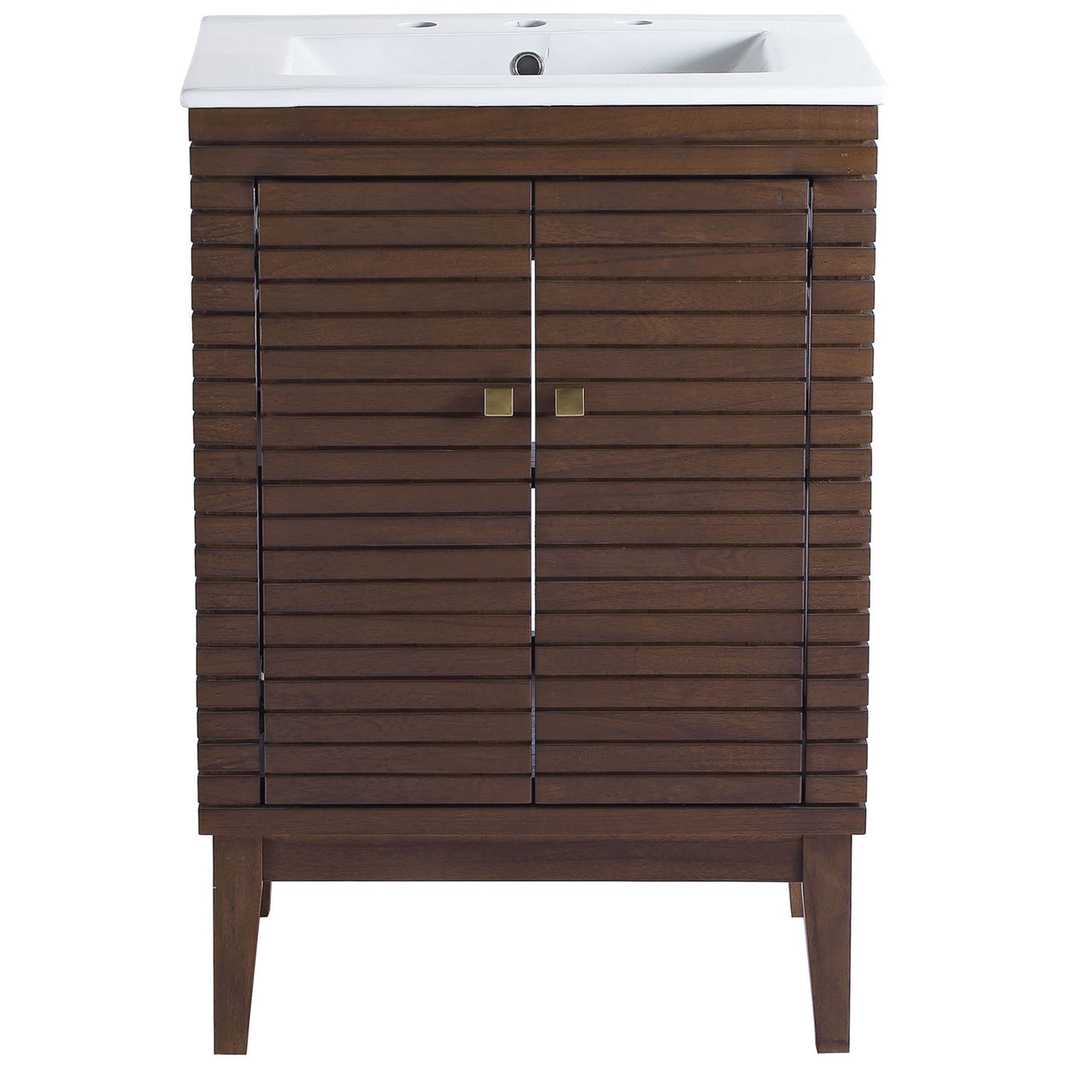 Walnut slatted vanity with white integrated sink, square brass pulls, and tapered legs || EEI-5114-WAL-WHI || front_studio