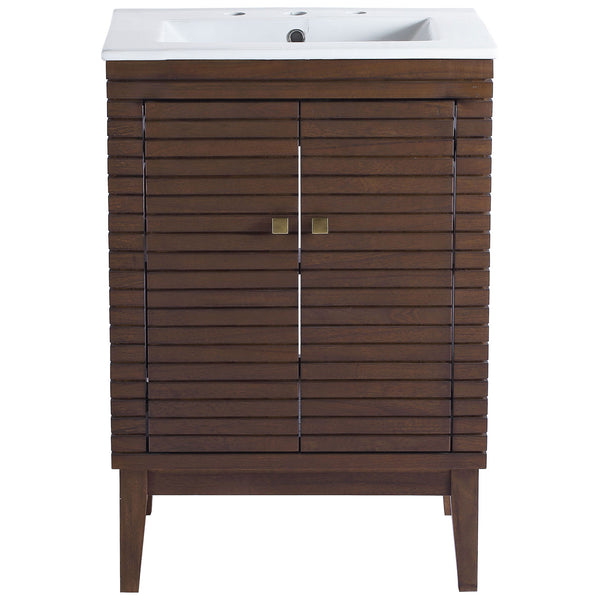 Walnut slatted vanity with white integrated sink, square brass pulls, and tapered legs || EEI-5114-WAL-WHI || front_studio