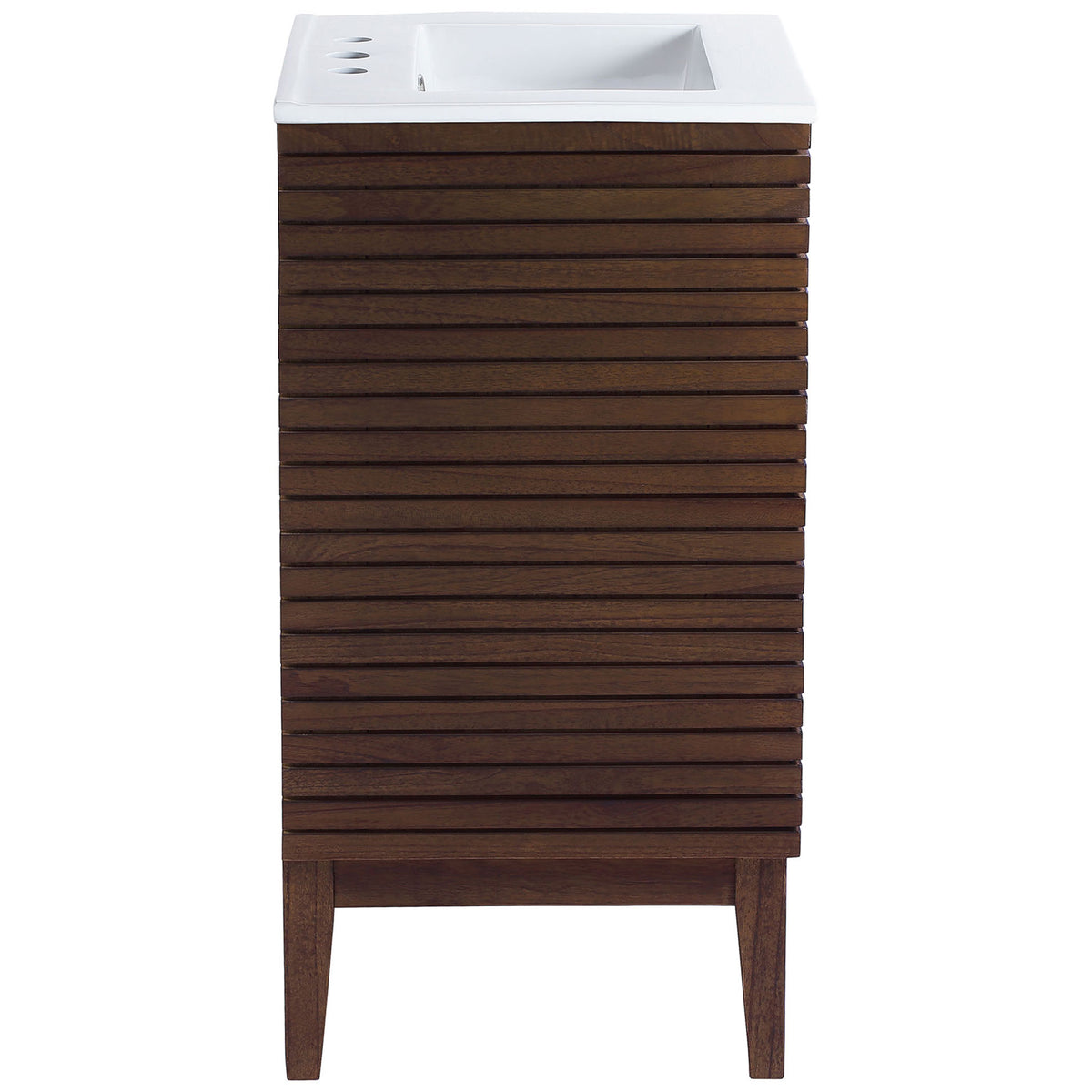 Linear wood slat detailing wraps the sides beneath a crisp white sink on a compact vanity || EEI-5114-WAL-WHI || side_studio