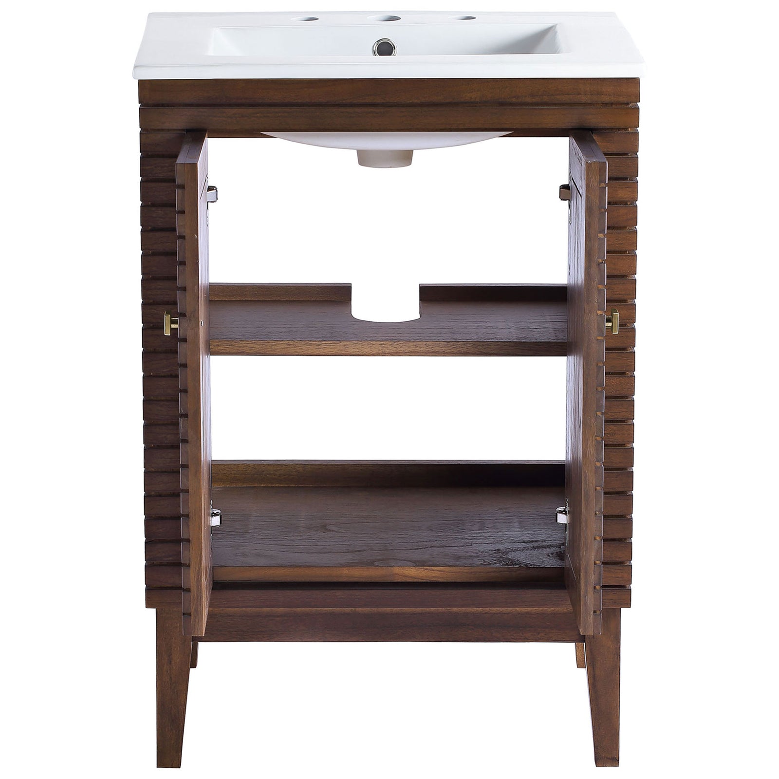 Double doors open to adjustable shelving and a rear plumbing cutout for discreet storage || EEI-5114-WAL-WHI || front_open_studio