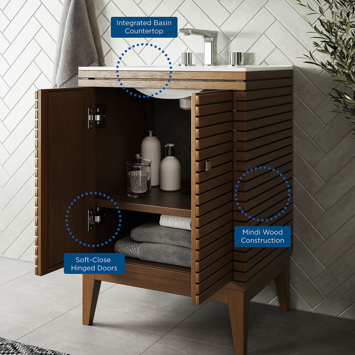 Feature highlights: integrated basin countertop, soft-close doors, and mindi wood construction || EEI-5114-WAL-WHI || callout_room