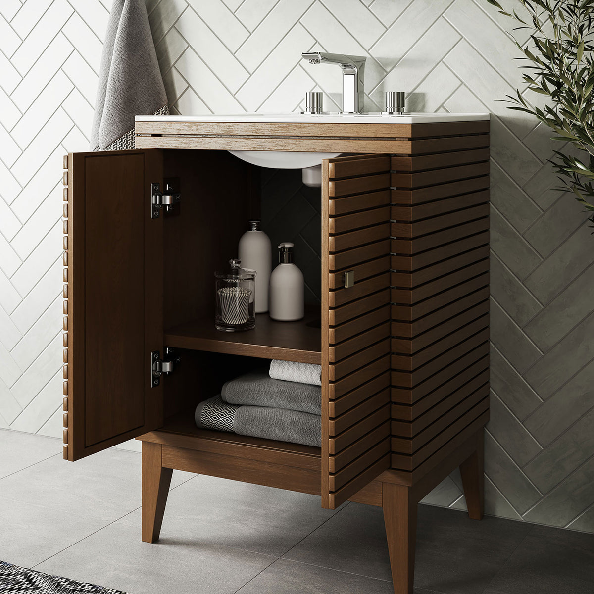 Open cabinet reveals two shelves for towels and toiletries in a clean, modern bathroom || EEI-5114-WAL-WHI || front_angle_open_room