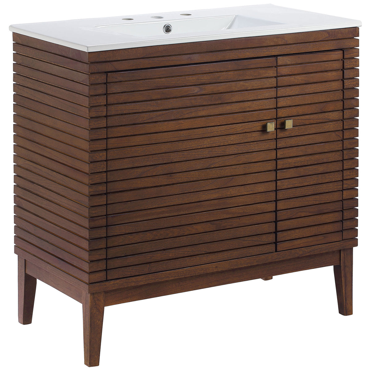 Mid-century walnut cabinet with linear slat design, tapered legs, and an integrated sink || EEI-5115-WAL-WHI || front_angle_studio