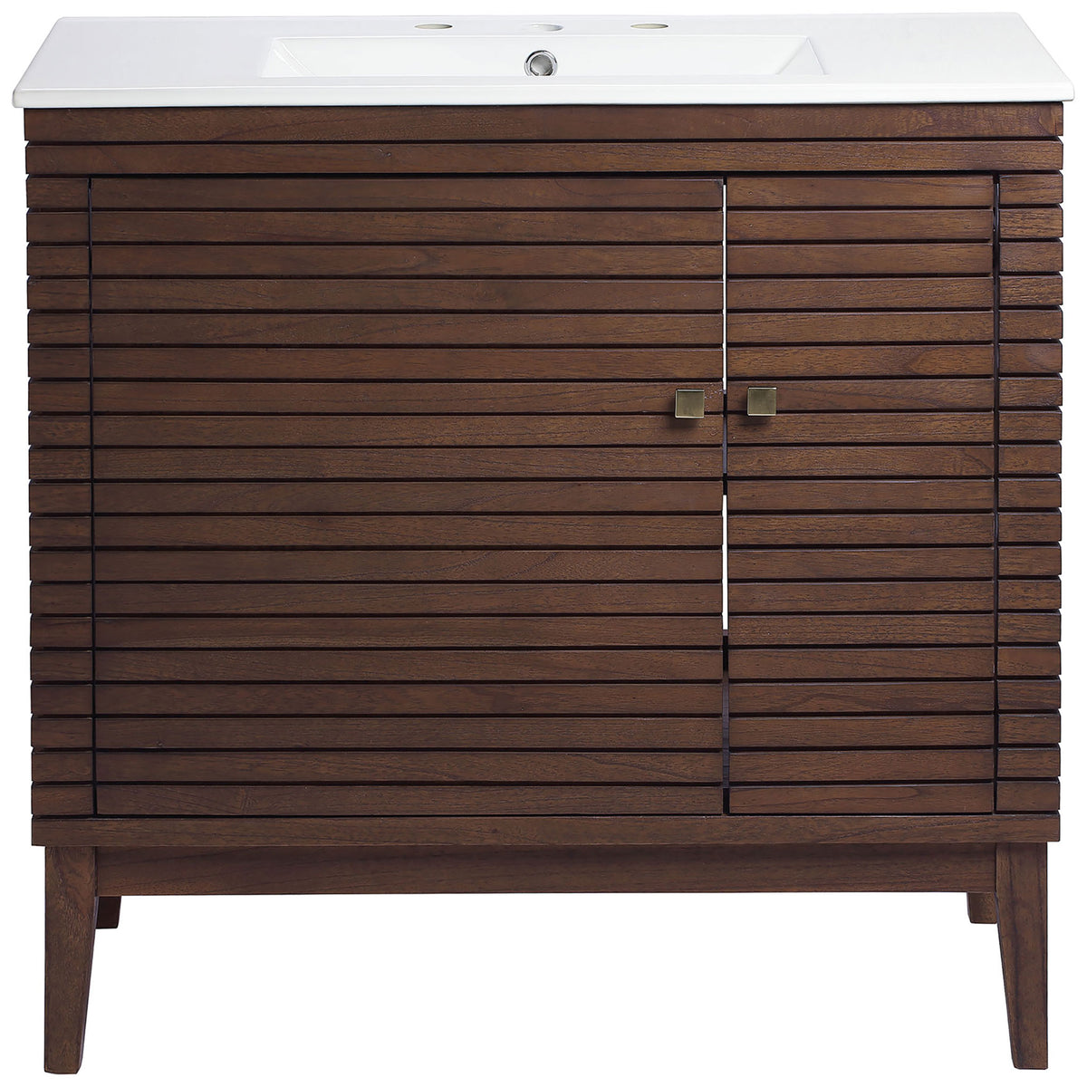 Sleek walnut slatted vanity with white integrated sink and square brass pulls || EEI-5115-WAL-WHI || front_studio
