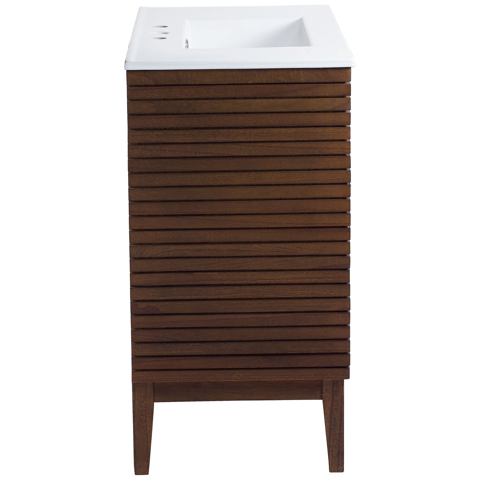 Rich walnut slats continue along the sides beneath the bright white countertop sink || EEI-5115-WAL-WHI || side_studio