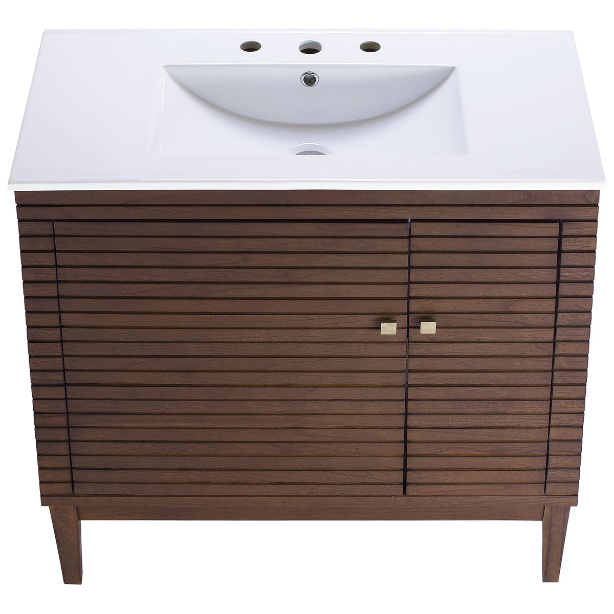 Wide ceramic sink with three-hole widespread setup sits flush atop the walnut cabinet || EEI-5115-WAL-WHI || top_studio