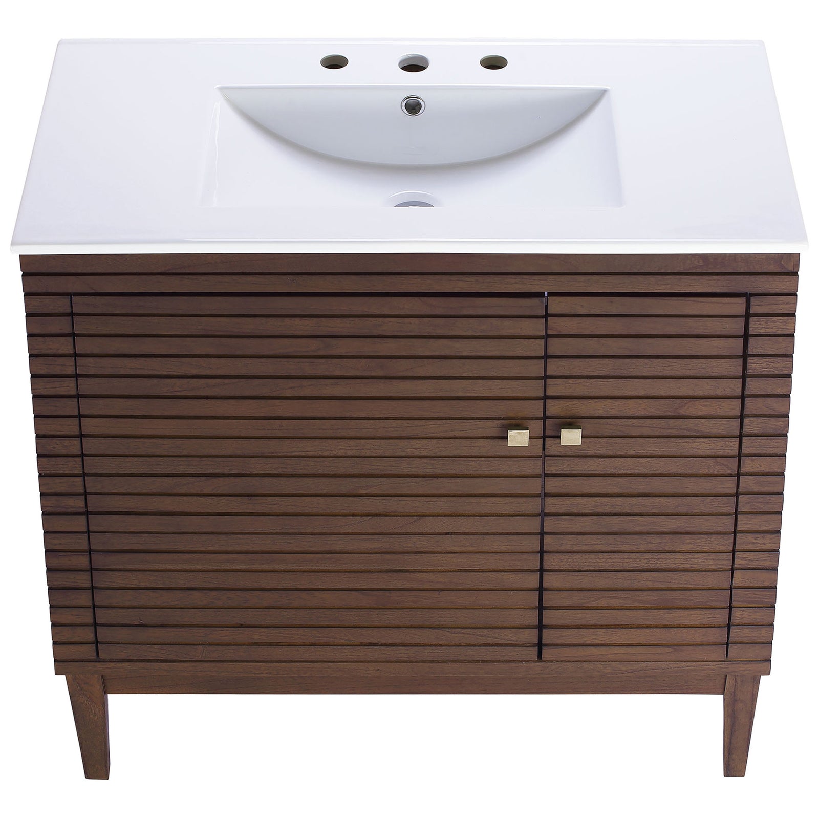 Wide ceramic sink with three-hole widespread setup sits flush atop the walnut cabinet || EEI-5115-WAL-WHI || top_studio