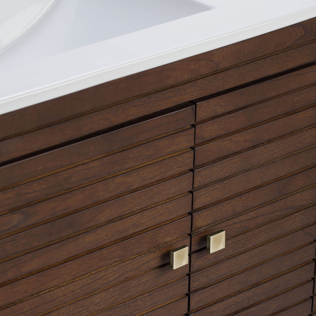 Brass square knobs and tight horizontal slats deliver refined texture and contrast || EEI-5115-WAL-WHI || detail_studio