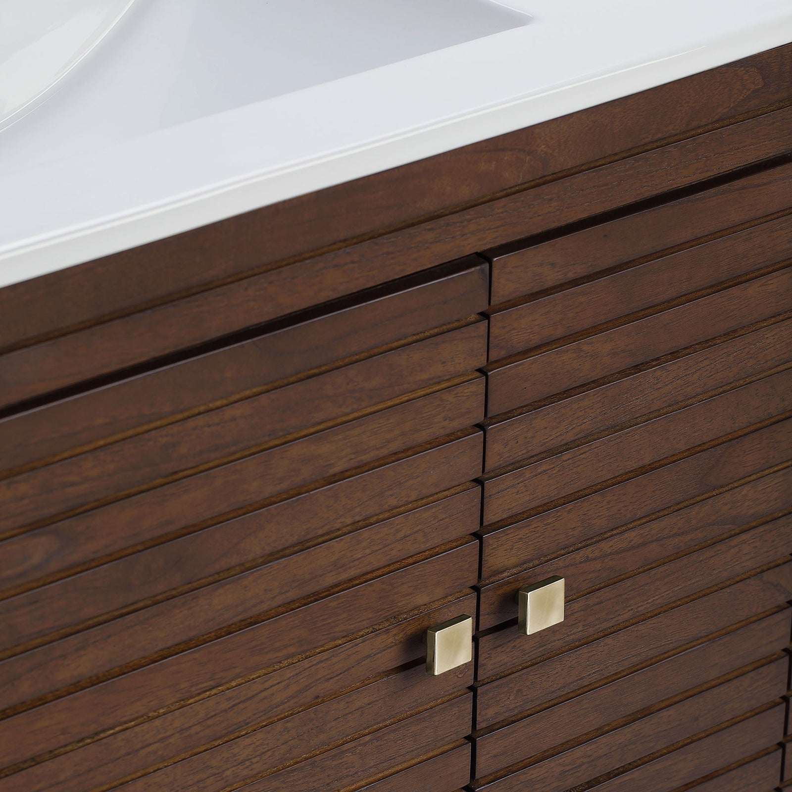 Brass square knobs and tight horizontal slats deliver refined texture and contrast || EEI-5115-WAL-WHI || detail_studio