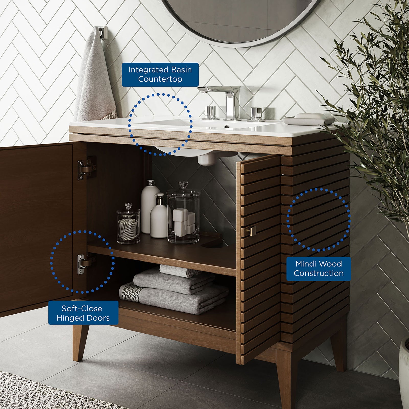 Annotated features call out integrated countertop basin, soft-close doors, and mindi wood || EEI-5115-WAL-WHI || callout_room