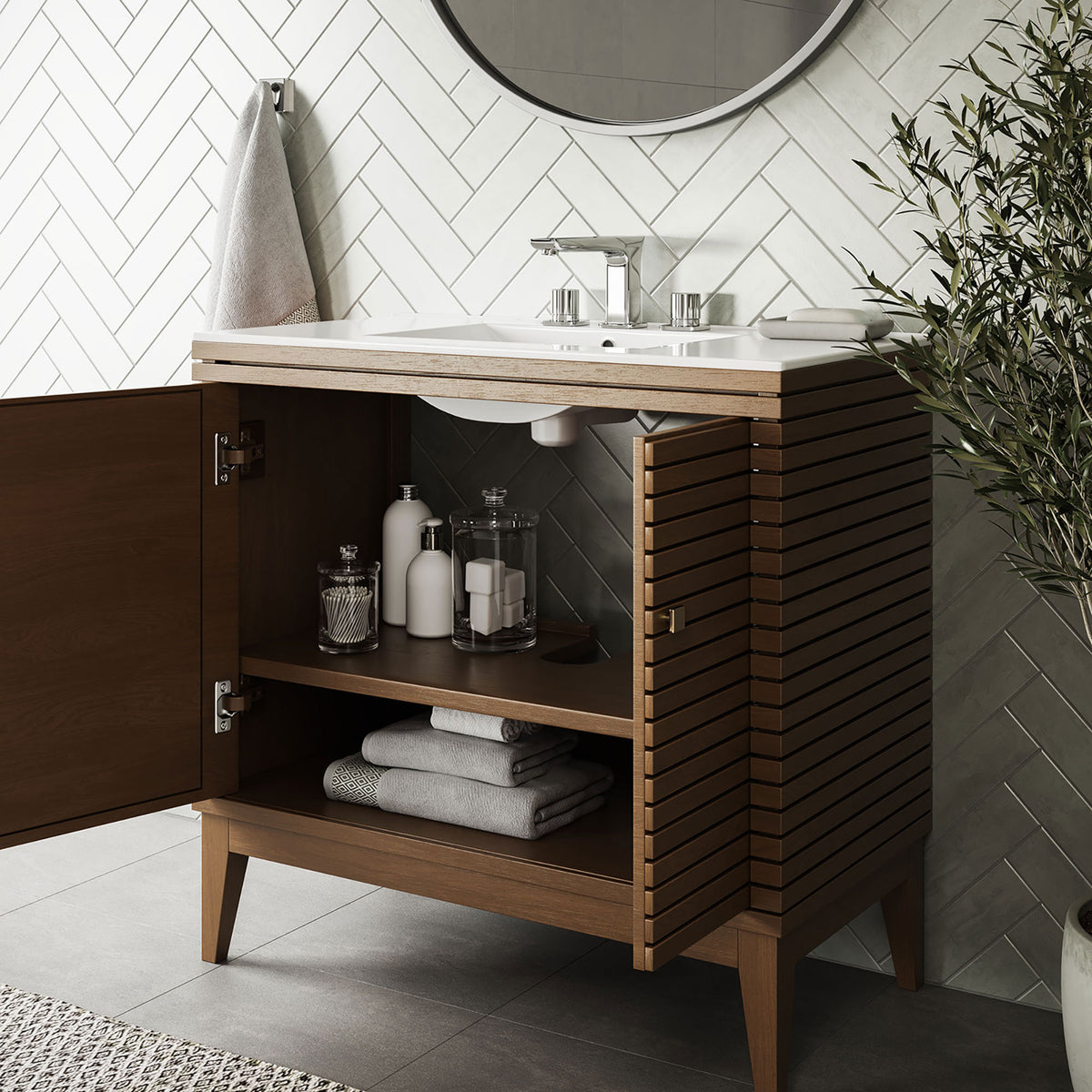 Doors swing open to show neatly organized shelves for everyday bath storage || EEI-5115-WAL-WHI || front_angle_open_room