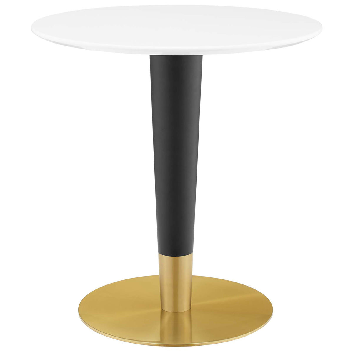 Round white 28 inch dining table with black and gold pedestal base || EEI-5116-GLD-WHI || front_studio
