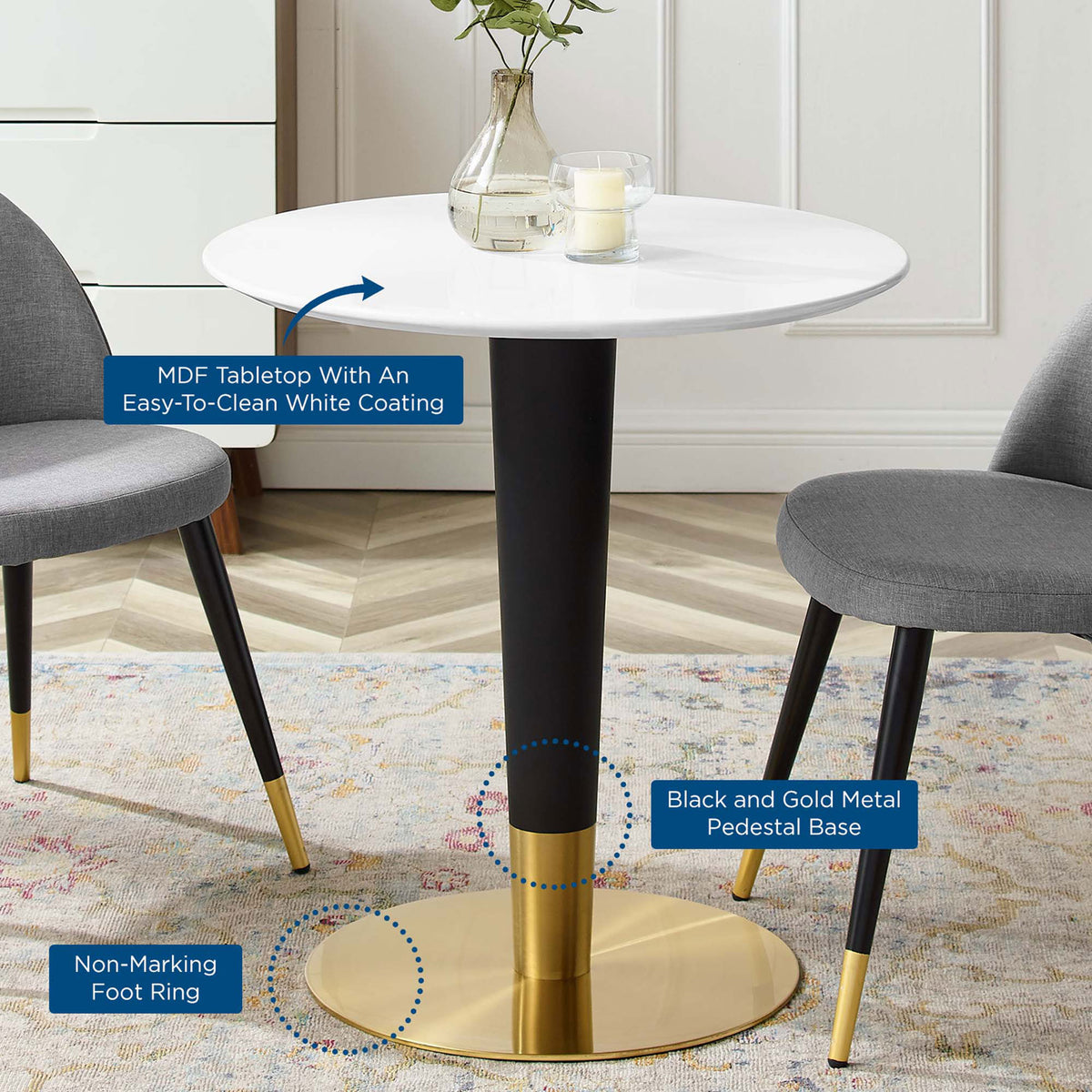 White pedestal dining table with callouts highlighting tabletop, base, and floor protection || EEI-5116-GLD-WHI || callout_room