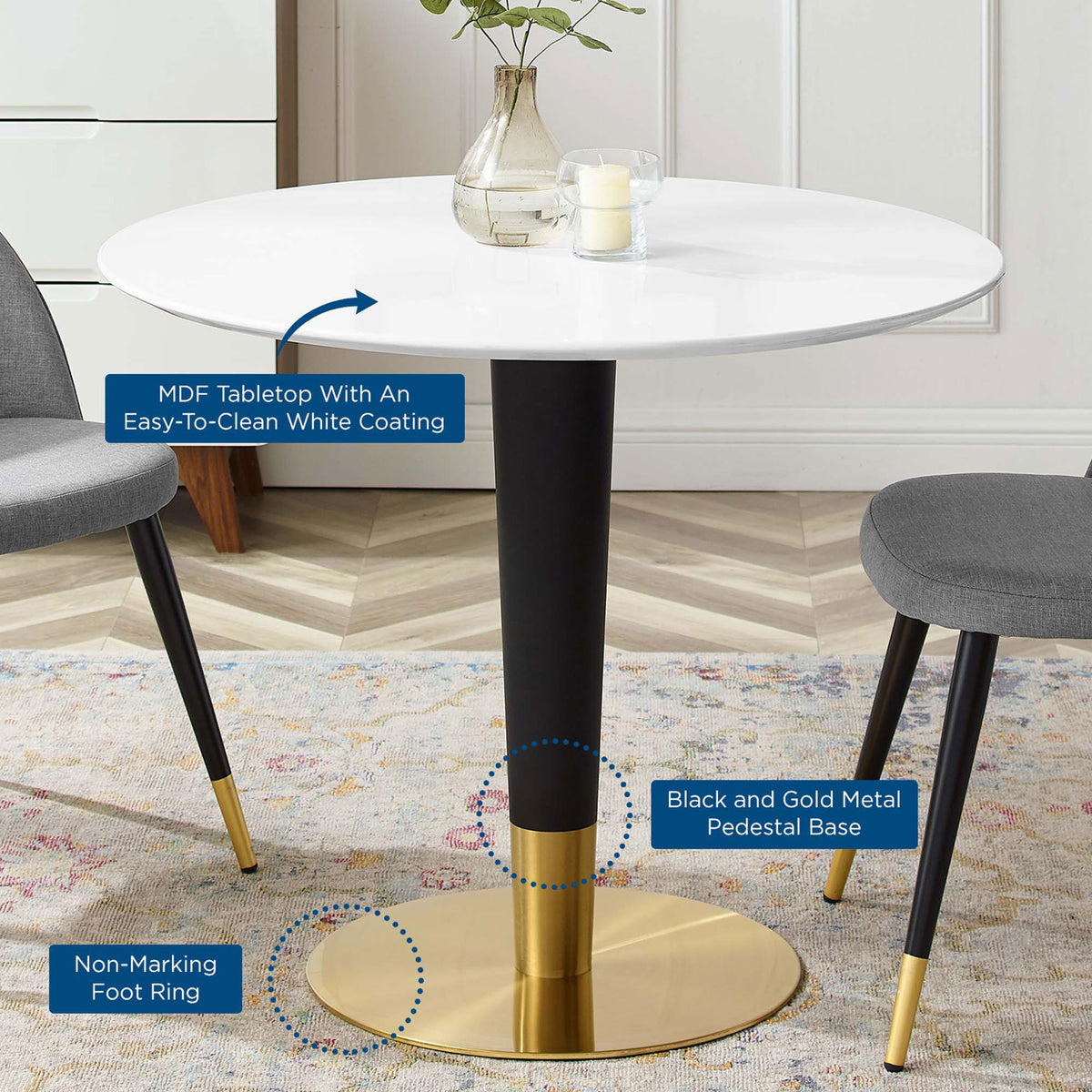 Modern white 36 inch pedestal table with callouts for tabletop finish, base, and floor ring || EEI-5117-GLD-WHI || callout_room