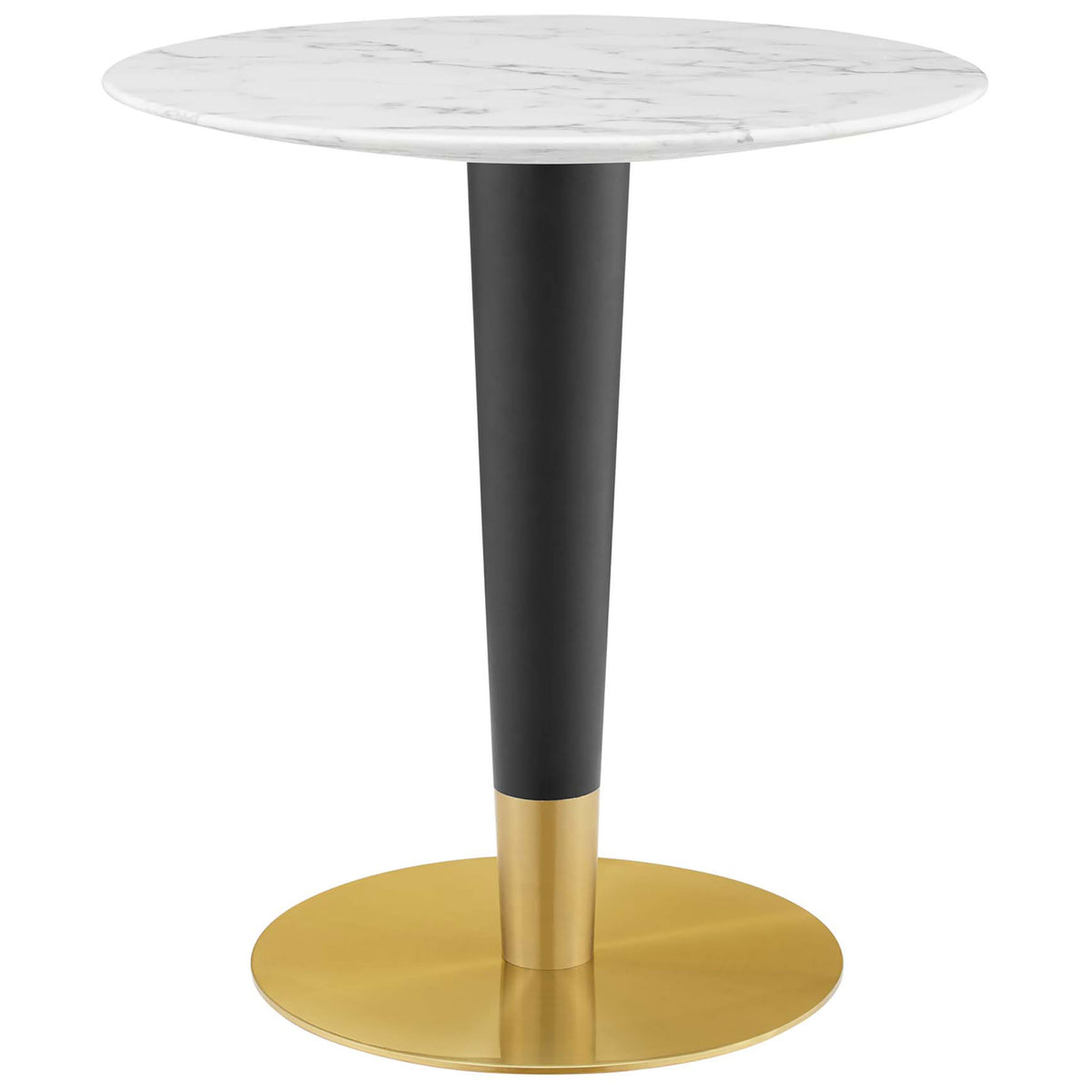 Compact round faux marble dining table with sleek black and gold pedestal base || EEI-5121-GLD-WHI || front_studio