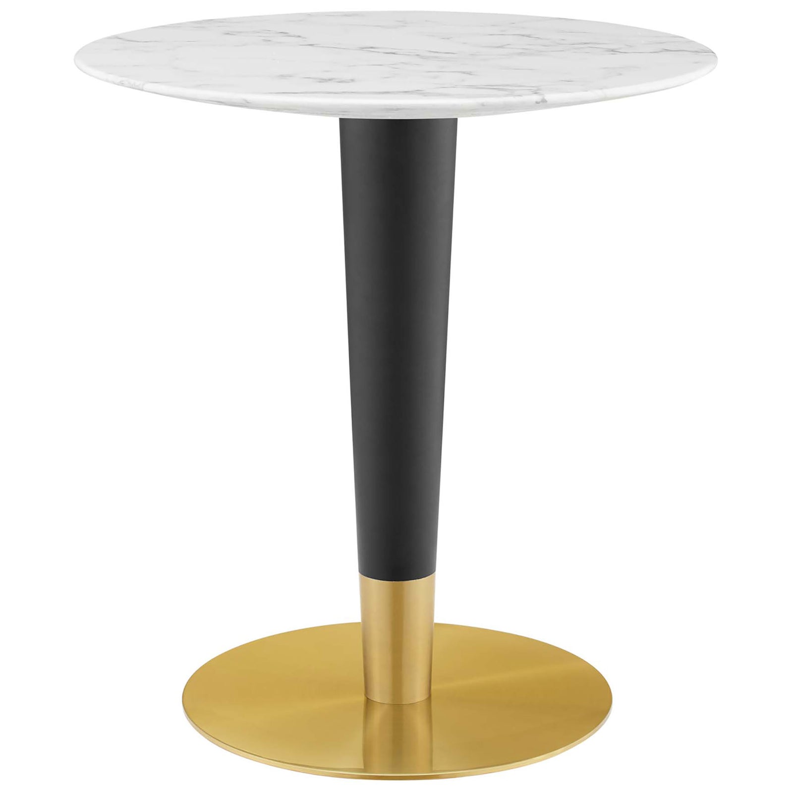 Compact round faux marble dining table with sleek black and gold pedestal base || EEI-5121-GLD-WHI || front_studio