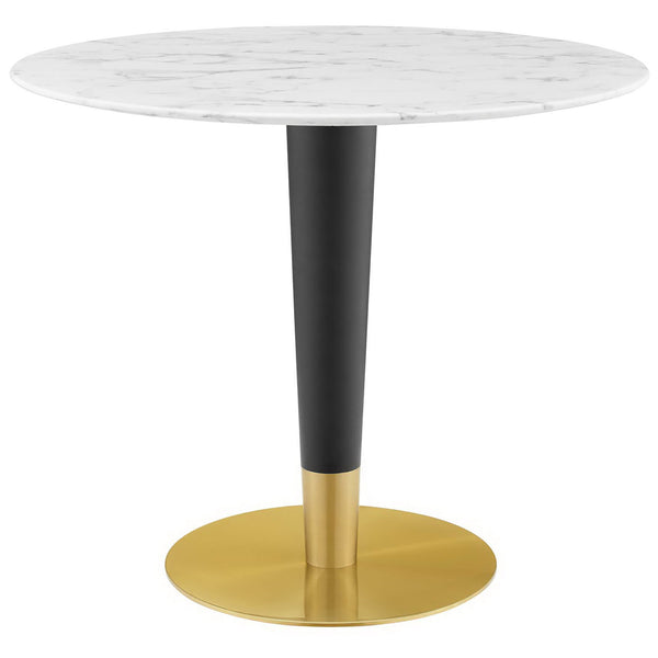 Spacious round faux marble dining table with striking black and gold pedestal base || EEI-5122-GLD-WHI || front_studio