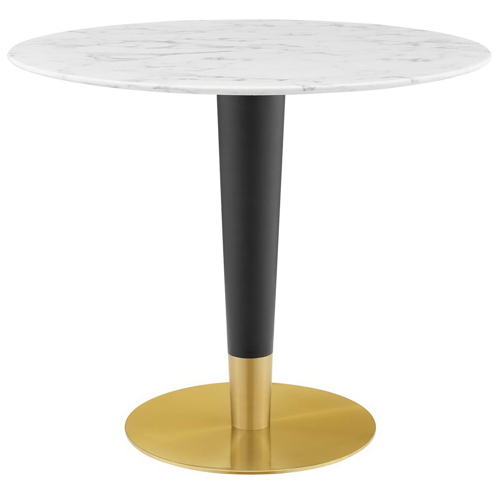 Spacious round faux marble dining table with striking black and gold pedestal base || EEI-5122-GLD-WHI || front_studio