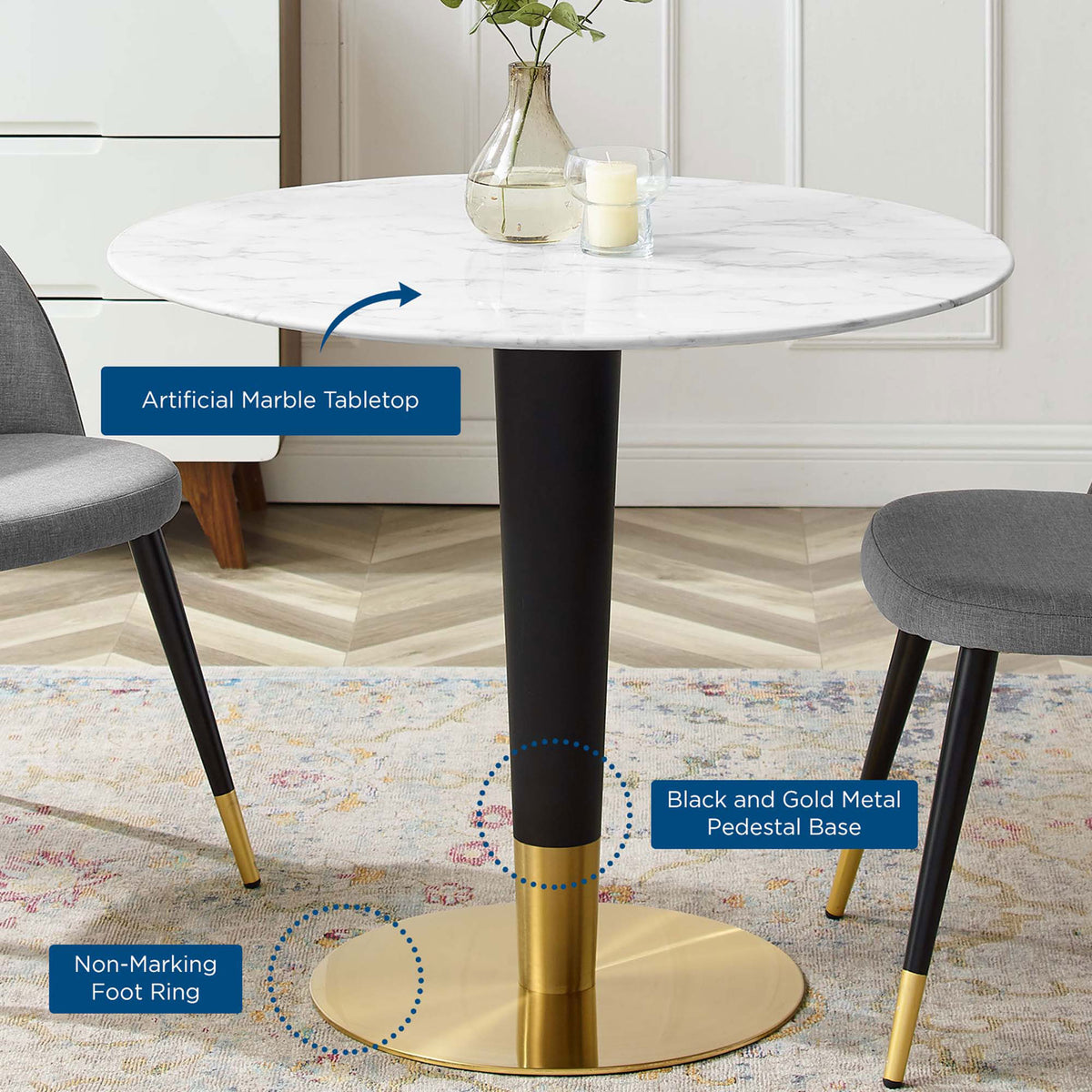 Generous round faux marble pedestal table with gold base showcased in a bright dining room || EEI-5122-GLD-WHI || callout_room